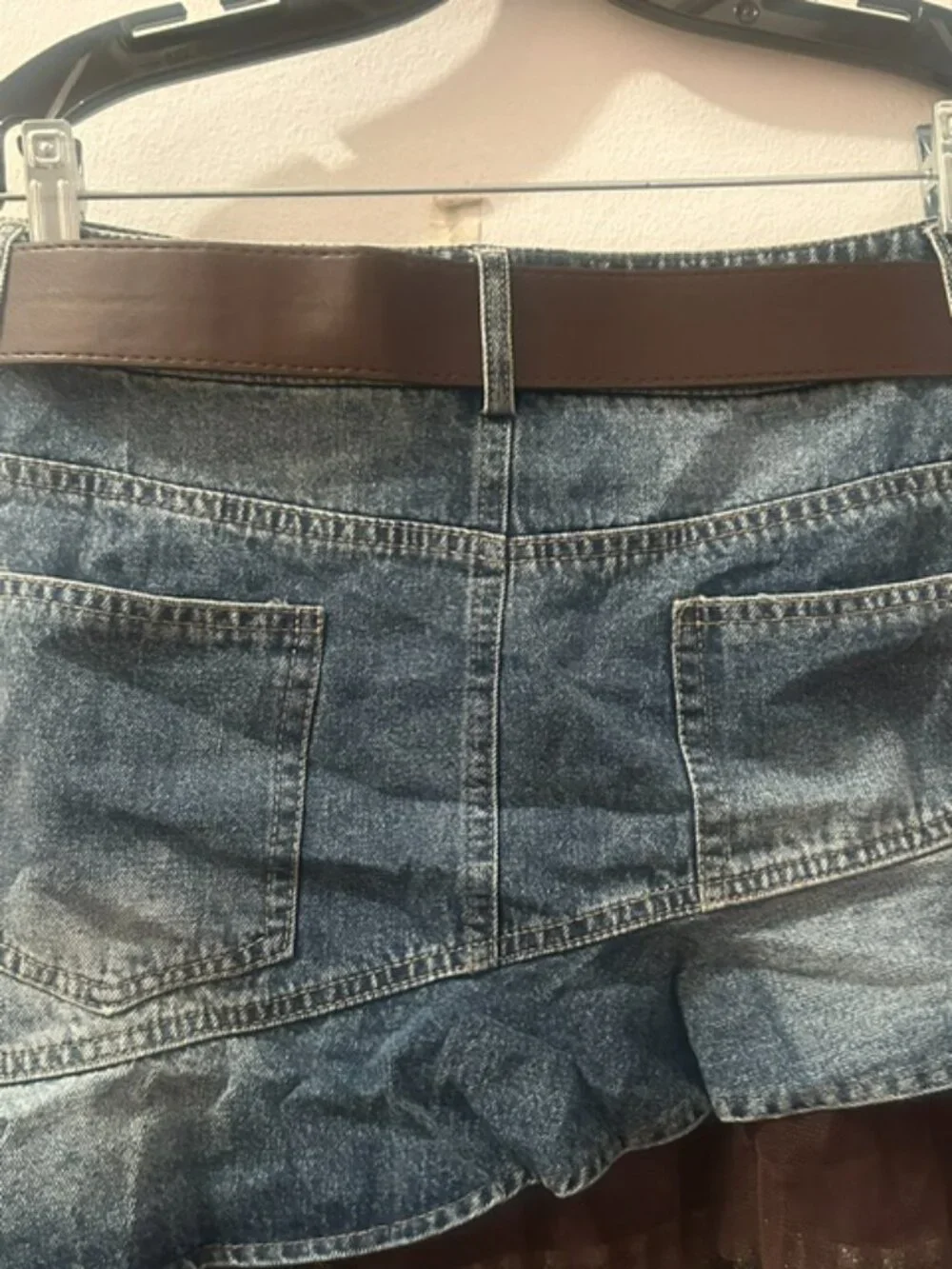 Luxe & Leather by Madonna & Co Lush Brown Tulle-Denim Belted Glitter Skirt NEW